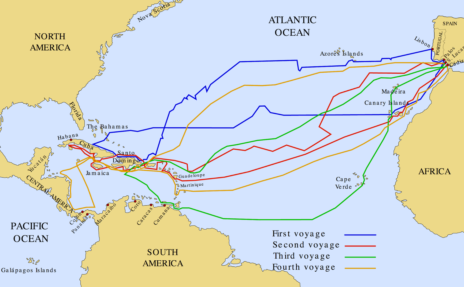 Ponce de Leon's route on four voyages to the New World